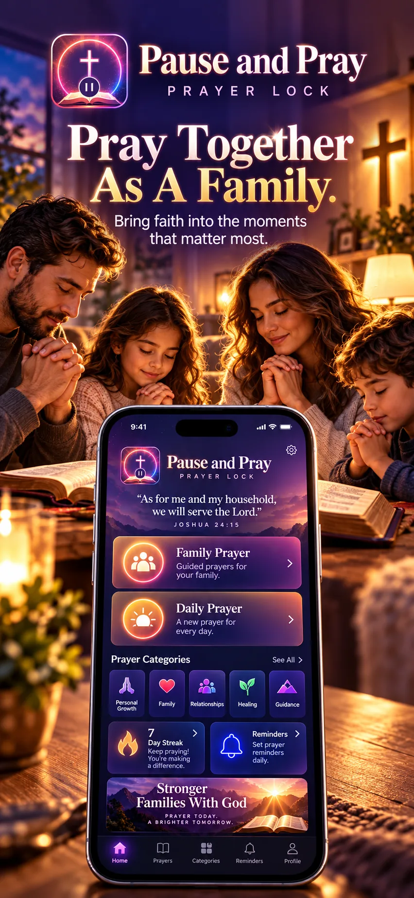 Family praying together around a Bible